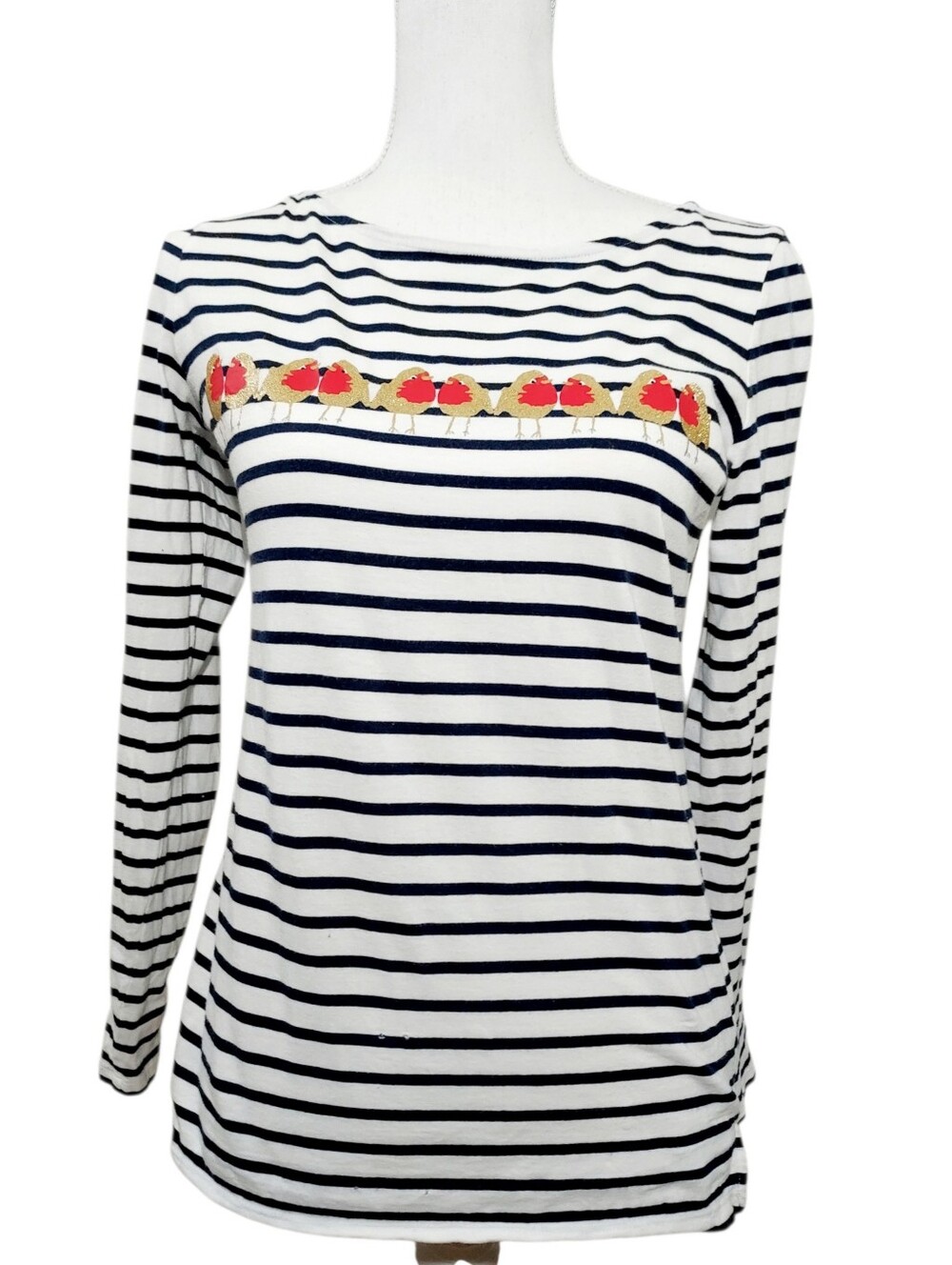 Boden Christmas Breton Top Robins Gold Glitter 4